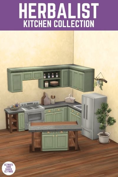 This image has a purple bar at the top with white text that reads "Herbalist Kitchen Collection" and below is a green kitchen cabinet set with a bar. 