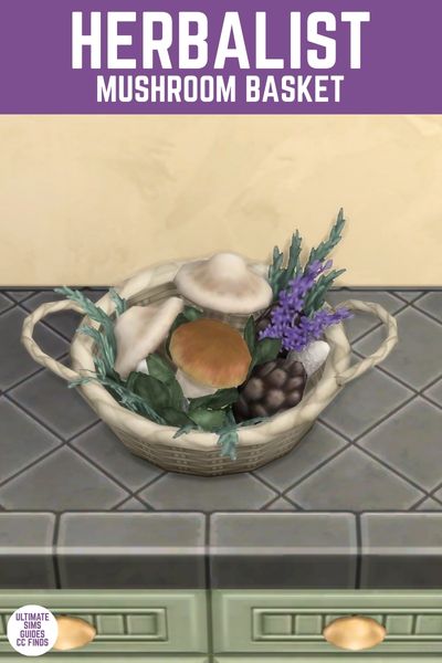 This image has a purple bar at the top with white text that says "Herbalist Mushroom Basket" and below is a white wicker basket with mushrooms and other plants inside 