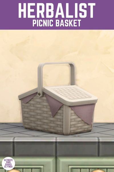 This image has a purple bar at the top with white text that says "Herbalist Picnic Basket" and below is a white wicker basket with fabric coming out the side. 