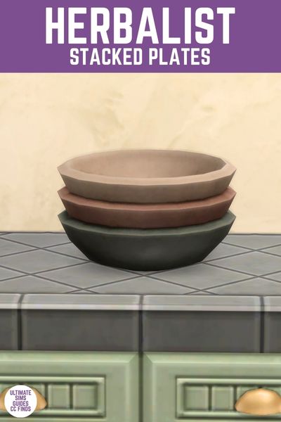 This image has a purple bar at the top with white text that says "Herbalist Stacked Plates" and below are three different coloured bowls on a counter. 