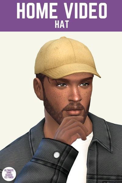 This image has a purple bar at the top with the words "Home Video Hat" in white. below is a male sim wearing a yellow baseball cap with a black denim jacket.
