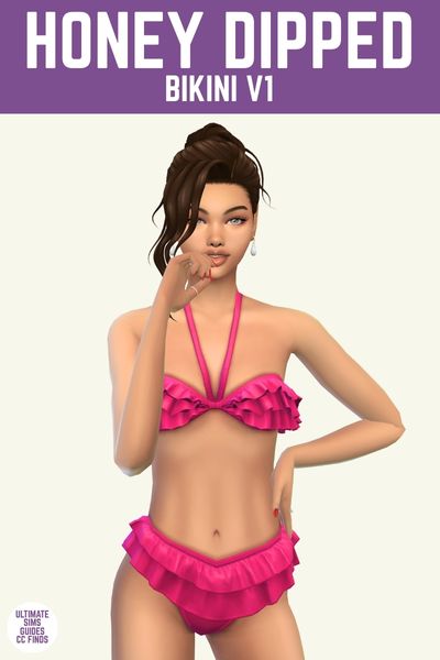 This image has a purple bar at the top and in white text it says "Honey Dipped Bikini V1" And below is a sim with brown hair up wearing a hot pink ruffle bikini 