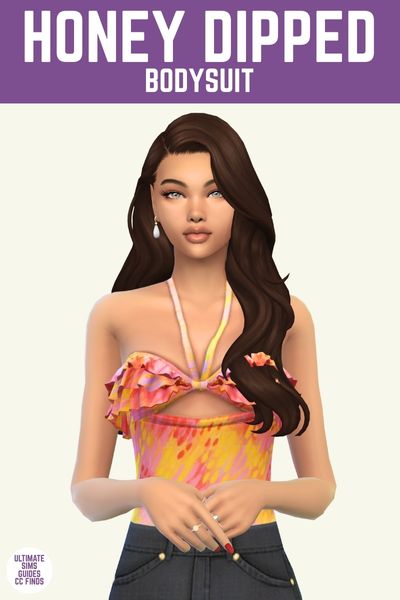 This image has a purple bar at the top and in white text it says "Honey Dipped Bodysuit" and below is a sim with brown hair wearing a halter neck top and black jeans 