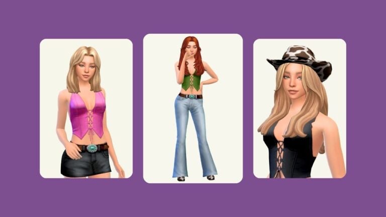 This image has a purple background with three rounded-edge rectangles. Inside of those rectangles are female sims dressed in western style clothes