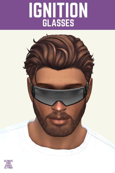This image has a purple bar at the top with the words "Ignition Glasses" in white text. Under that is a close up of a male sim's face who has brown hair and brown facial hair and they are wearing sunglasses.