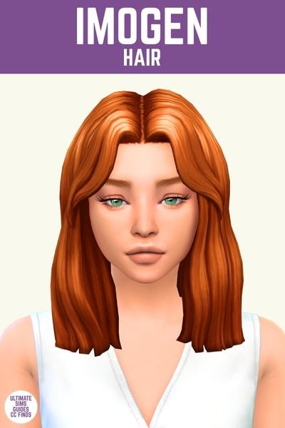 This image has a purple bar at the top that says "Imogen Hair" and below is a sim with red hair with a middle part and curtain bangs 