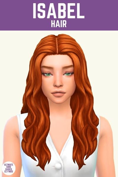 This image has a purple bar at the top that says "Isabel Hair" and below is a sim with red hair wearing a white vest and they have middle part hair 