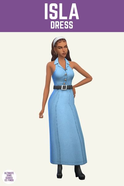 This image has a purple bar at the top with white text that says "Isla Dress" and below is a sim wearing a denim sleeveless dress 