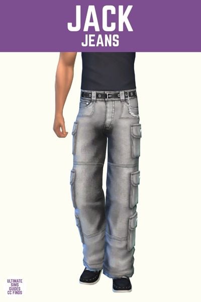 This image has a purple bar at the top with white text that says "Jack Jeans" and below is a sim from the waist down wearing a black t-shirt tucked into grey denim cargo pants.