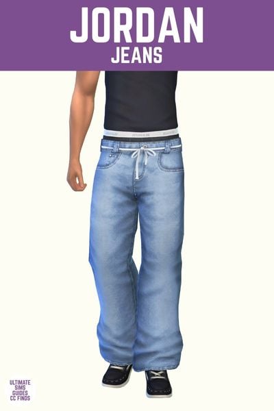 This image has a purple bar at the top with white text that says "Jordan Jeans" and below is a sim from the waist down. They are wearing a black shirt tucked into boxers under jeans that have a string belt. 