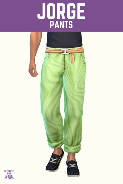 This image has a purple bar at the top with white text that says "Jorge Pants" and below that is a sim from the waist down. The sim is wearing a black t-shirt tucked into bright green pants with a rope belt. 