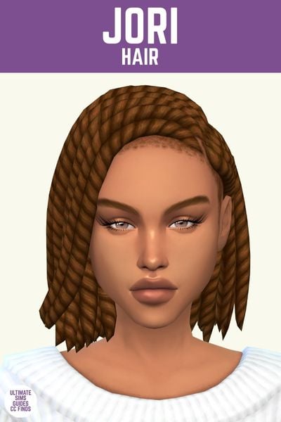 This image has a purple bar at the top that says "Jori Hair" and below is a sim wearing a white sweater with brown hair in twists. 