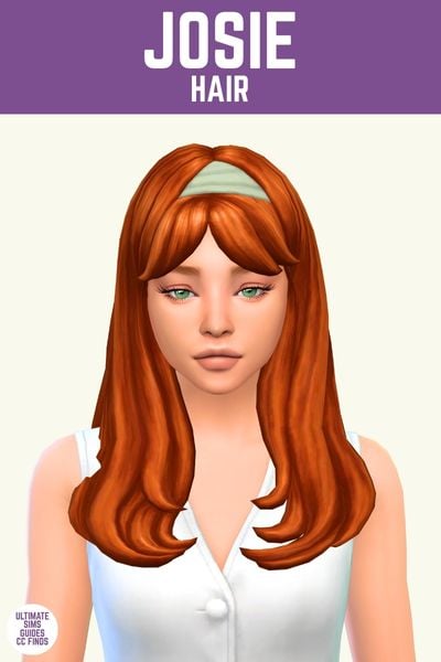 This image has a purple bar at the top that says "Josie Hair" and below is a sim with red hair with a green headband 