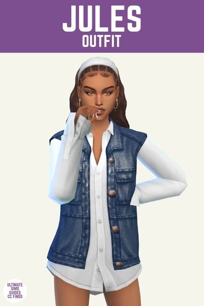 This image has a purple bar at the top with white text that says "Jules Outfit" and below is a sim wearing a white button down and denim vest as a dress 