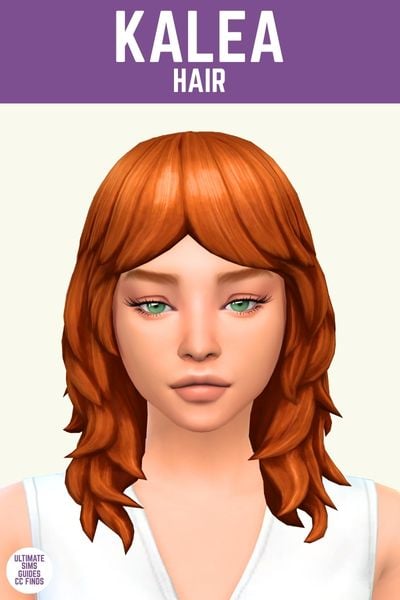 This image has a purple bar at the top that says "Kalea Hair" and below is a sim with a shag hairstyle in red 