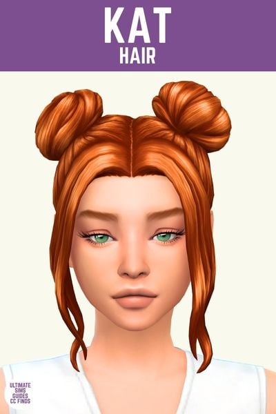This image has a purple bar at the top that says "Kat Hair" and below is a sim with a middle part space bun hair style 