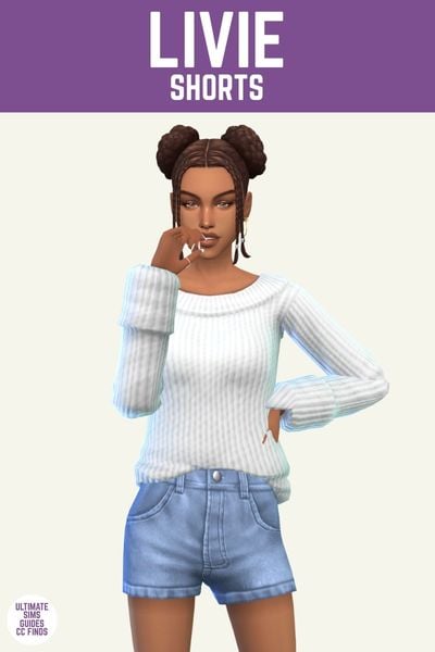 This image has a purple bar at the top with white text that says "Livie Shorts" and below is a sim wearing a white knit top with denim shorts. 