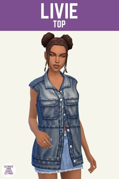 This image has a purple bar at the top with white text that says "Livie Top" and below is a sim wearing a denim mini skirt and a denim vest with buttons 