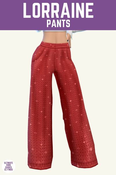 This is a product image for cc items from the Lumière Collection. At the top is a purple bar with white text that says "Lorraine Pants" and below is a sim from the waist down and the sim is wearing a white shirt and high-waisted red sparkly pants. 