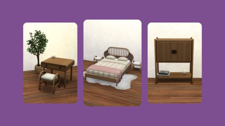 This image has a purple background with three rounded-edge rectangles that have images of bedroom furniture in them.
