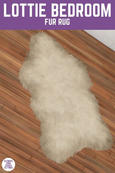 This image has a purple bar at the top with white text that says "Lottie Bedroom Fur Rug" and below is a top down image of a fluffy beige rug. 