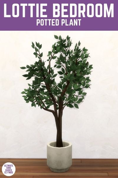 This image has a purple bar at the top with white text that says "Lottie Bedroom Potted Plant" and below that is a tree inside of a white ceramic pot.