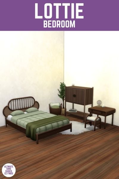 This image has a purple bar at the top with white text that reads "Lottie Bedroom" and the furniture has a bed with a rattan headboard and green blankets, a small desk and dresser and a plant. 