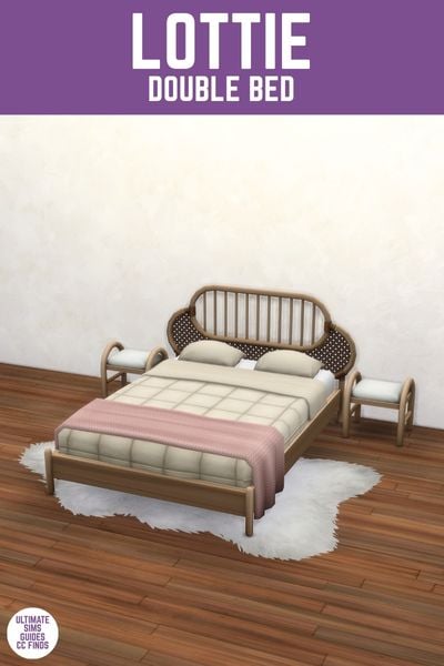 This image has a purple bar at the top with white text that says "Lottie Double Bed" and under that is an image of a rattan headboard with beige blankets and a pink blanket at the foot of the bed. 