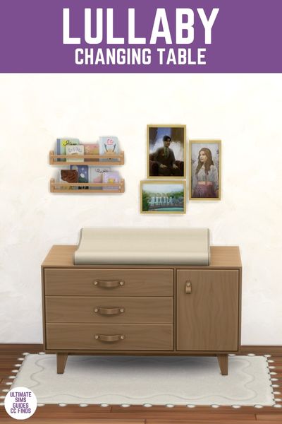 This image has a purple bar at the top with white text that says "Lullaby Changing Table" and below there is an image of a wooden changing table with a white changing pad. Above it are some books on the wall and some wall art images. 