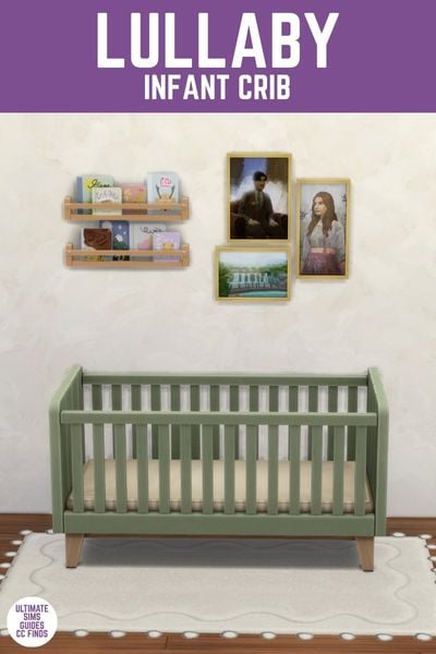 This image has a purple bar at the top with white text that says "Lullaby Infant Crib" and below is a set of books on the wall next to some photos and below is a green crib.