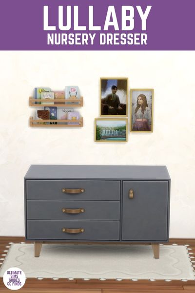 This image has a purple bar at the top with white text that says "Lullaby Nursery Dresser" and below is a room with a blue dresser and above it are some photos and some books in spice racks 