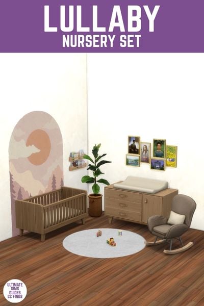 This image has a purple bar at the top with white text that reads "Lullaby Nursery Set" and below is a nursery with a crib, rocking chair and changing table. 