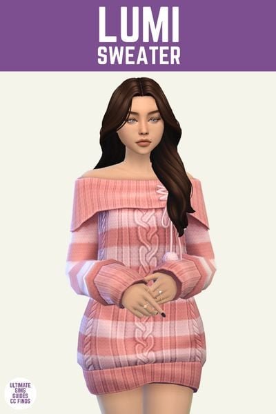 This is a product image for cc pieces from the Pom Pom collection. The top of this image has a purple bar with white text that says "Lumi Sweater" and below that is a sim posed with their hands in front of their stomach. They are wearing a pink striped cable knit sweater dress. 