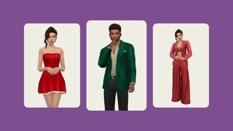 This image has a purple background with three rounded-edge rectangles. Inside of the rectangles are sims posed in clothing items from the lumière collection by caio.