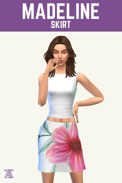 This image has a purple bar at the top with white text that reads "Madeline Skirt" and below is a sim with shoulder length brown hair. They are wearing a high-neck white tank top with a mini skirt in white with a large pink floral