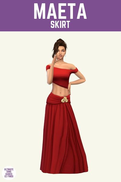 This image has a purple bar at the top and in white text it says "Maeta Skirt" and below is a sim wearing a red skirt with a golden emblem on one hip 