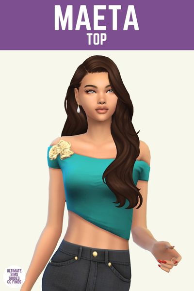 This image has a purple bar at the top and in white text it says "Maeta Top" and below is a sim with brown hair wearing an off the shoulder top with a high low hem that has a golden emblem on the one shoulder 