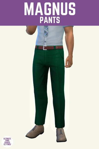 This is a product image for cc items from the Lumière Collection. At the top is a purple bar with white text that says "Magnus Pants" and below that is a male sim from the chest down wearing a button down shirt, green trousers and shoes. 