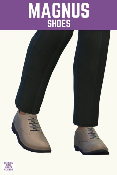This is a product image for cc items from the Lumière Collection. At the top is a purple bar with white text that says "Magnus Shoes" and below is a sim's legs wearing black pants and men's shoes 