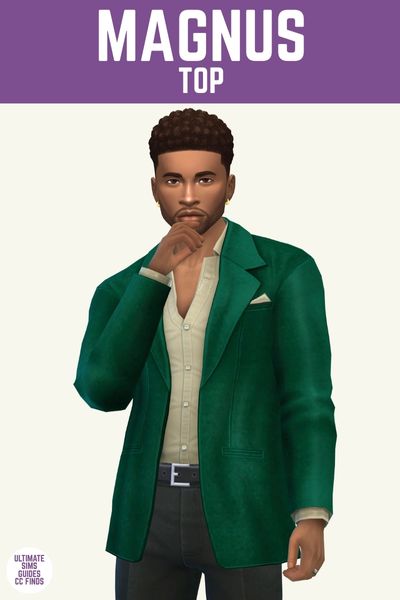This is a product image for cc items from the Lumière Collection. At the top is a purple bar with white text that says "Magnus Top" and below is a sim posed from the waist up. They are wearing black trousers, a beige button up and a green suit jacket. 