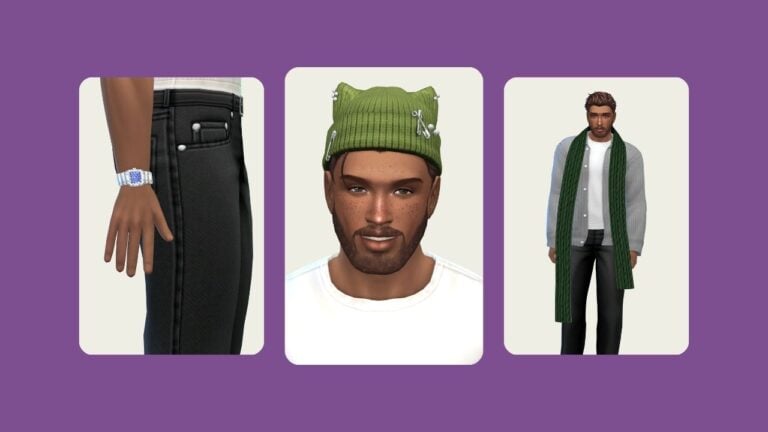 This image has a purple background with three rounded-edge rectangles. Inside those rectangles are images of a male sim with different accessories, a watch, a hat and a scarf.