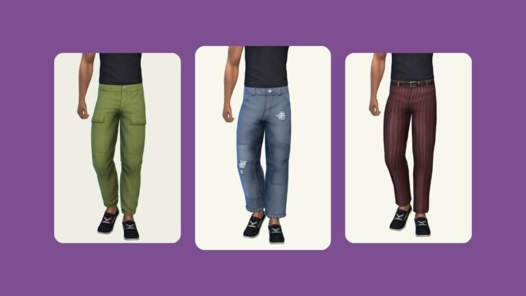 This image has a purple background with three rounded-edge rectangles and inside of each of those rectangles are images of a sim from the waist down wearing different pants