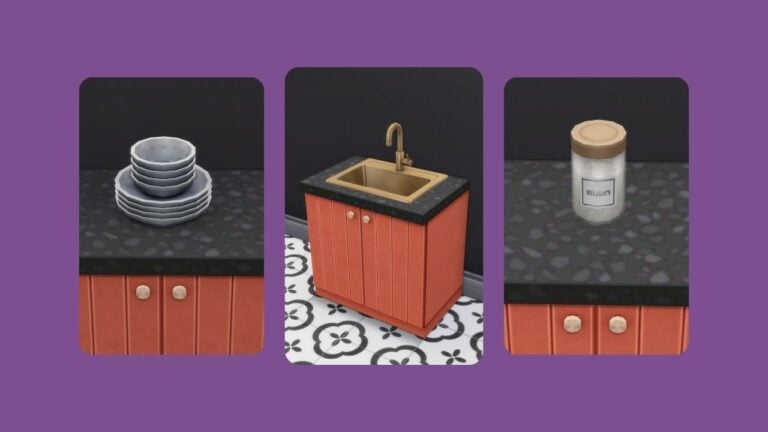 This image has a purple background with three rounded-edge rectangles with images inside. The images are showcasing random cc kitchen decor