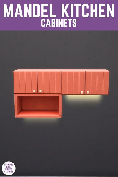 This image has a purple bar at the top with white text that reads "Mandel Kitchen Cabinets" and below is an image with a black background and two red cabinets. 