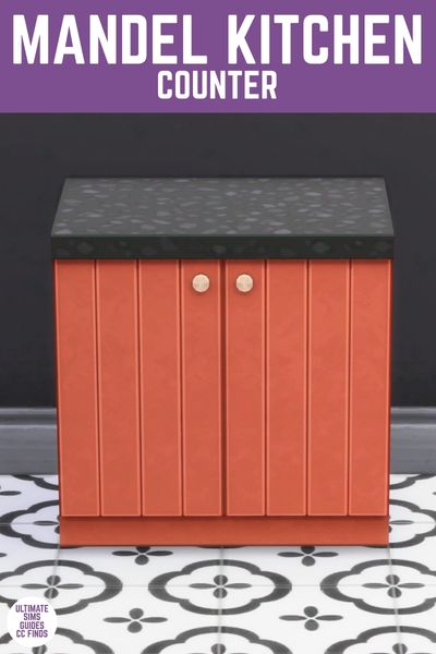 This image has a purple bar at the top with white text that reads "Mandel Kitchen Counter" and below is an image of a red kitchen cabinet with a black counter top 
