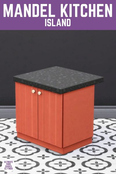 This image has a purple bar at the top with white text that reads "Mandel Kitchen Island" and below is a side view of a kitchen island with a black counter and red cabinets. 