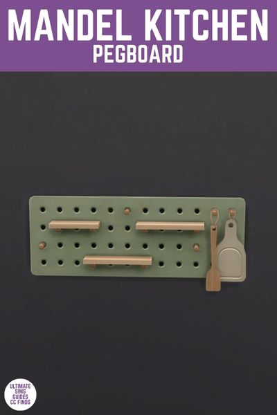 This image has a purple bar at the top with white text that reads "Mandel Kitchen Pegboard" and below is a black wall with a green pegboard with spoons hanging down. 