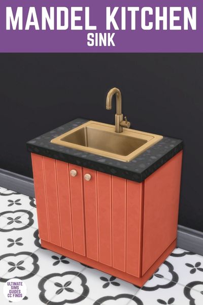 This image has a purple bar at the top with white text that reads "Mandel Kitchen sink" and below is a red cabinet, black counter with a gold sink 