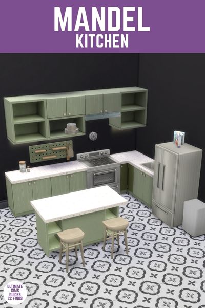 This image has a purple bar at the top with white text that reads "Mandel Kitchen" and below is an image of a simple kitchen with a green cabinet set. 
