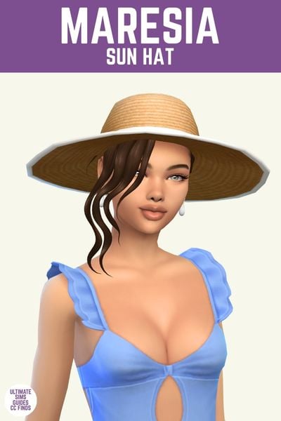This image has a purple bar at the top with white text. The text says "Maresia Sun Hat" and below is a sim in a blue bathing suit and a light brown sun hat 